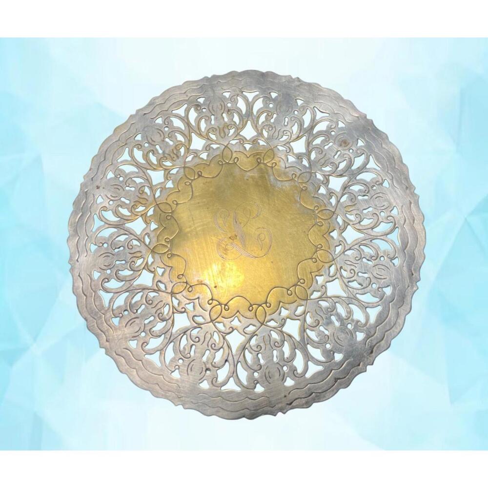 William Adams WA Italy 1960s Silverplate Pierced Reticulated Brass Trivet 7.5”